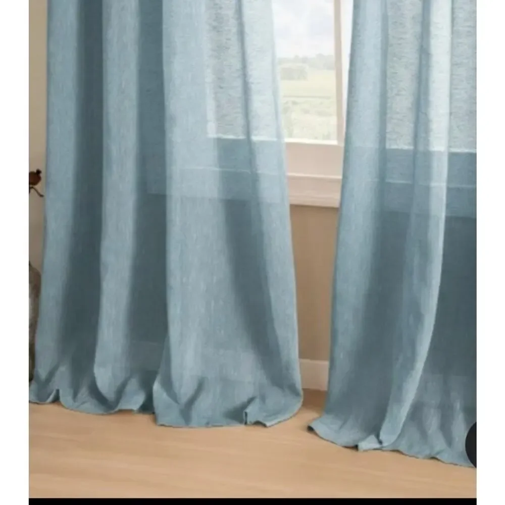 Teal Linen Blend Curtain Panels 52 x 96” Silver Grommets Sheer Curtains